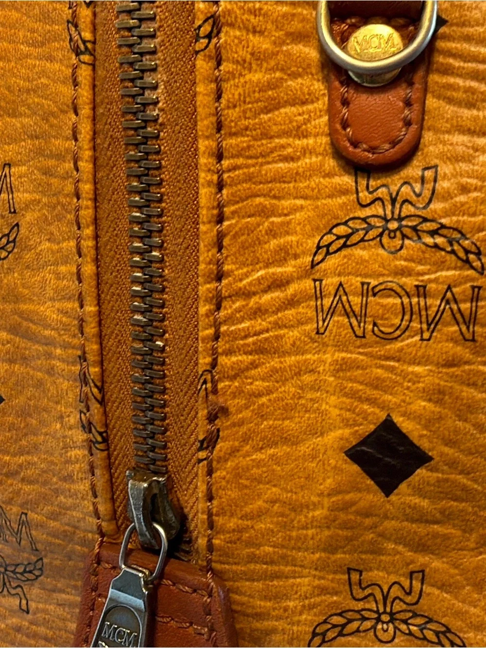 MCM Cognac Visetos Satchel with Tan Trim and Gold Hardware